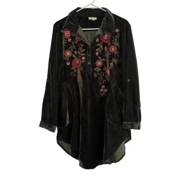 Kyla Seo Shirt Women’s Brown Velvet Floral Embroidered Tunic Tab Sleeves Small - Picture 1 of 11